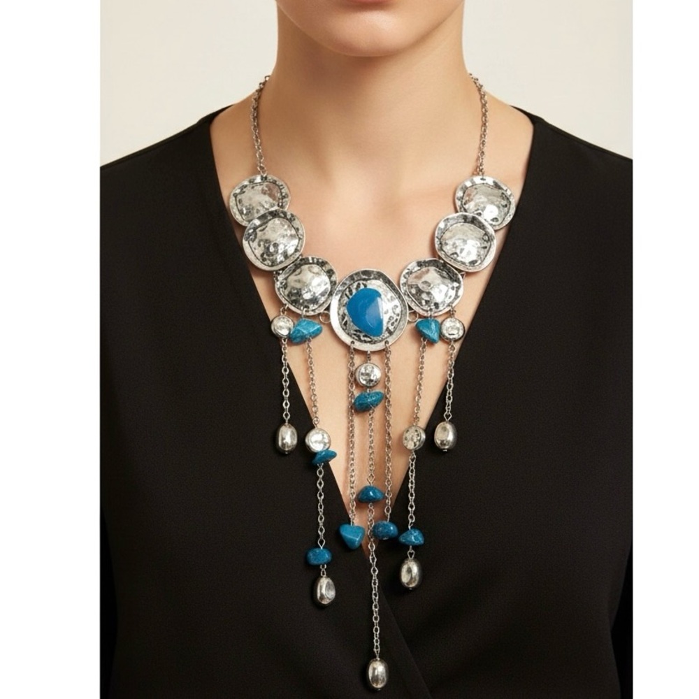 Boho Turquoise Stone Statement Necklace Silver Fringe Pendant - Picture 3 of 7